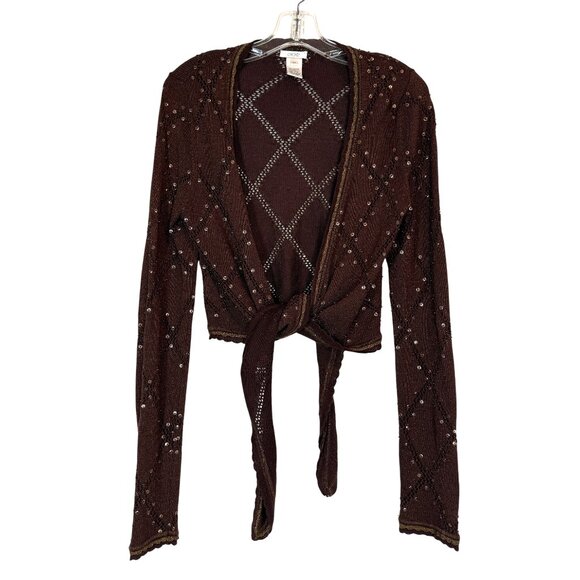 Vintage Cache Cropped Brown Sequin Y2K Sweater Shrug Fairy Grunge Tie Medium - Picture 2 of 10